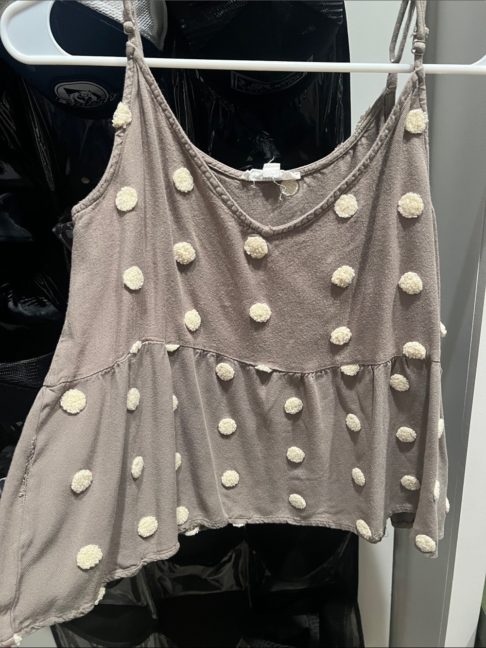mine Taupe Tank Top with Cream Pom-Pom Detail